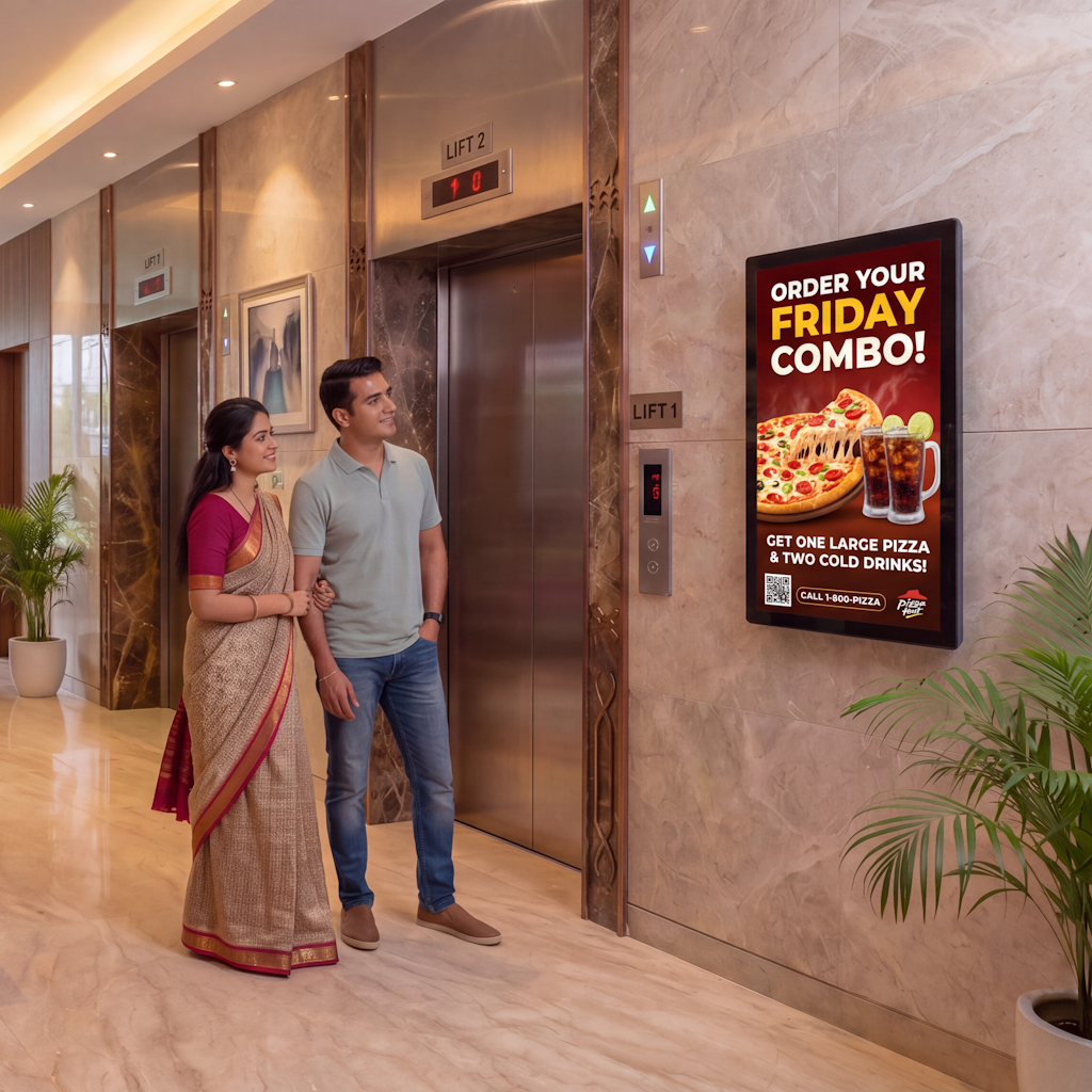 AdX digital screen running a live ad in a residential elevator lobby as residents walk past